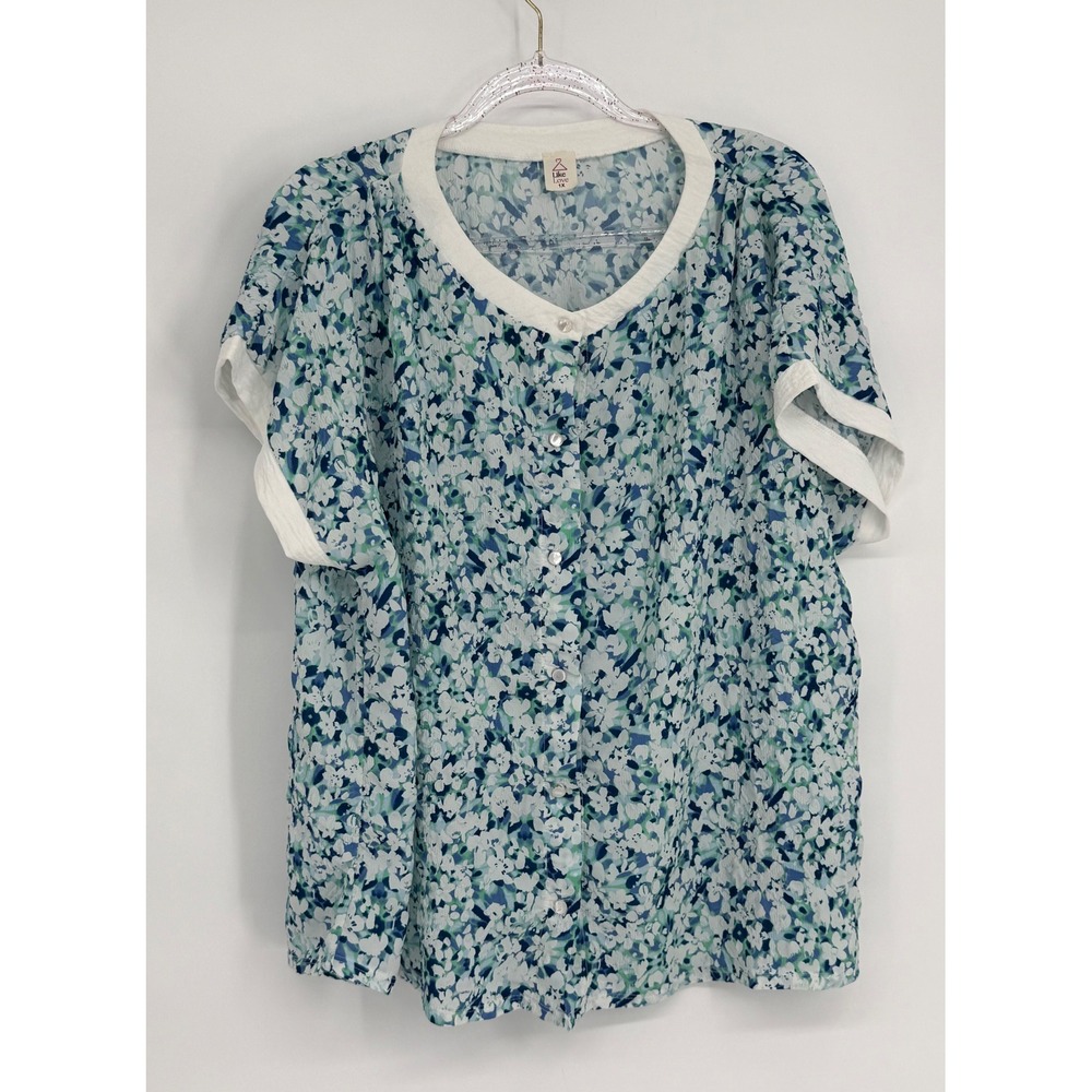 Like Love Women Sz 1X Blue Green Floral Button Front V-Neck Short Sleeve Blouse